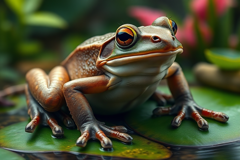 Create a full-length photorealistic image of a frog modeled after the framework and silhouette of a horsefly, ensuring the frog's head remains intact complete with distinct facial features. Retain the frog's smooth skin texture alongside soft, fur-like details representing the horsefly's characteristics. For the background, blend elements from both the frog's natural habitat and the horsefly's environment, incorporating lush greenery and vibrant colors to evoke the essence of each creature. The scene should harmonize these diverse attributes, showcasing a unique fusion of the two animals.