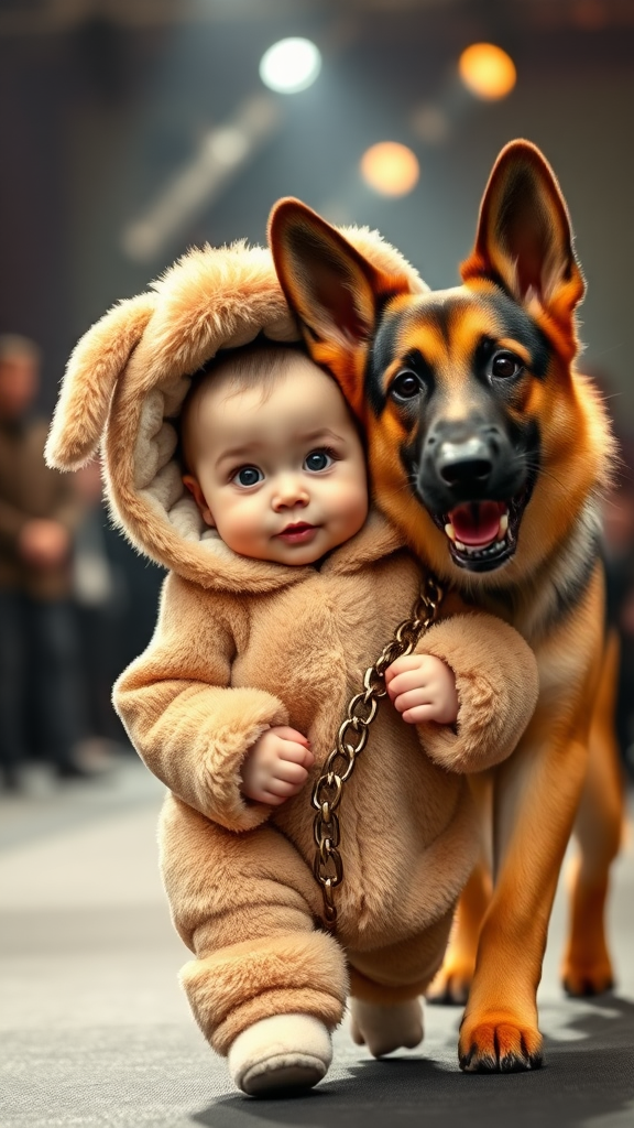 A cute small chubby fair baby with big eyes, pink lips, and pink cheeks, wearing a furry cozy dog costume, doing a ramp walk in a fashion show alongside a real German shepherd dog, with the baby holding the dog's collar chain, cinematic.