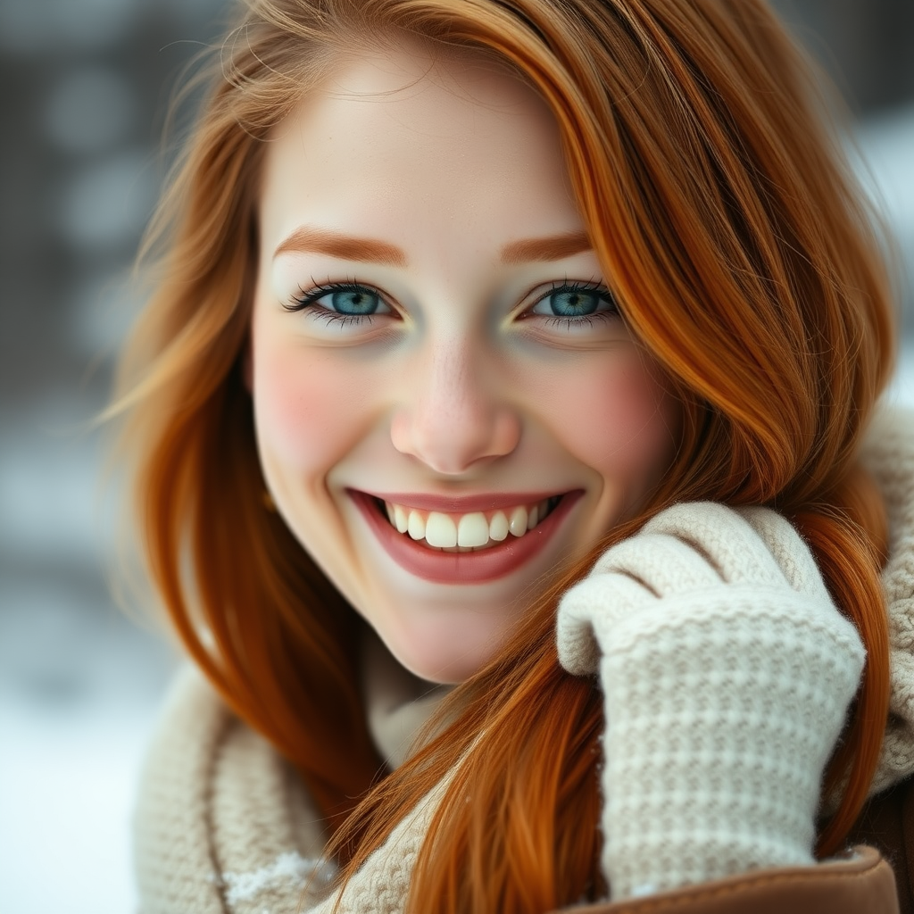 beautiful young woman with lush ginger long hair, full lips, pale skin, on Alaska during winter smiles