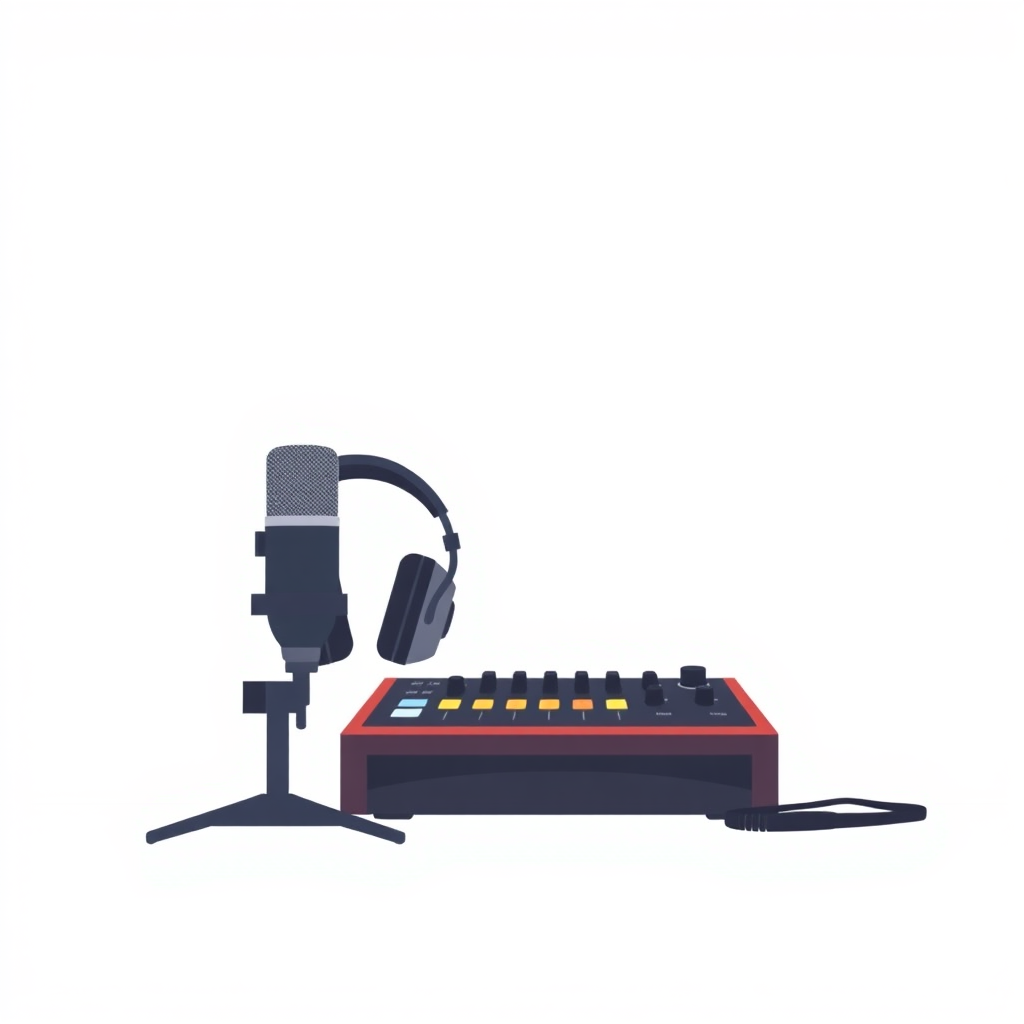 A minimalist, flat design illustration of a podcast setup. The image should include a microphone on a stand, headphones, and a sound mixer on a simple desk or tabletop. The background should be a plain, neutral color like white, gray, or light blue. The overall style should be clean, modern, and visually appealing as a generic stock image for podcasting.