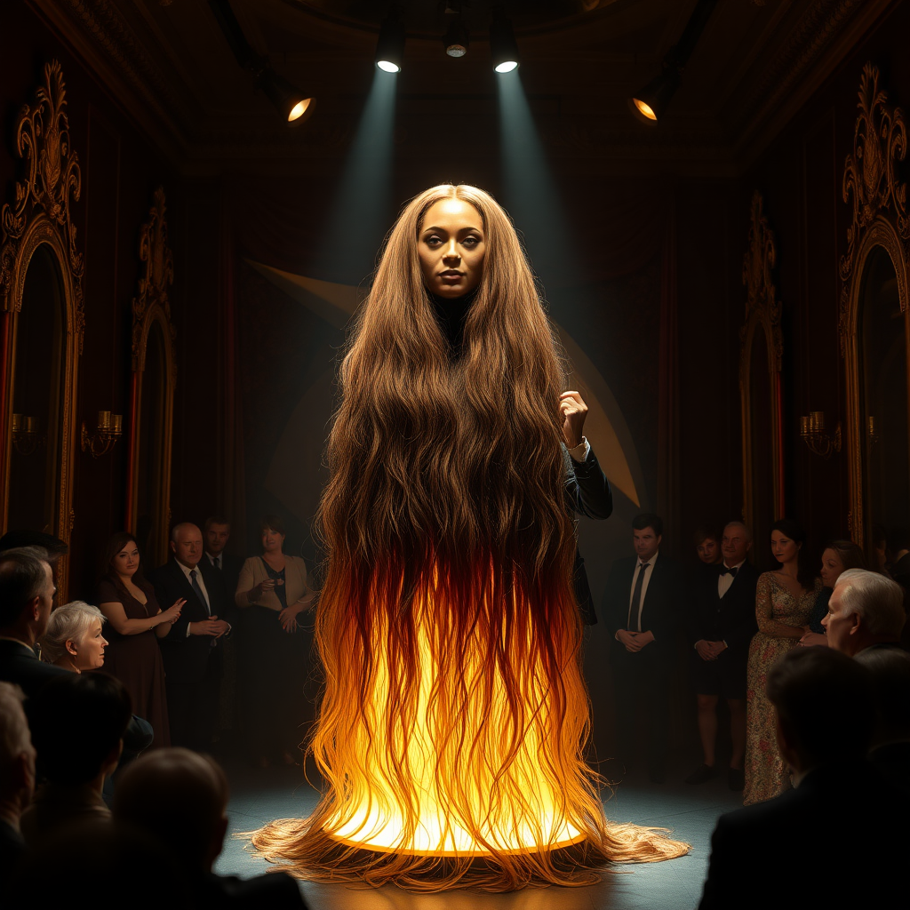 In an enchanting exhibit of a unique long hair fetish museum, a stunningly elaborate magic trick captivates the audience’s attention. At the center of the dimly lit space, a gracefully illuminated stand showcases the ethereal figure of Beyoncé’s disembodied head, framed by cascading waves of her lustrous, very long hair that cascades down like shimmering silk. The hair, glistening under soft, warm spotlights, exhibits hues of deep mahogany with subtle hints of golden highlights, creating an almost hypnotic effect.

Surrounding the stand, walls adorned with gorgeous, vintage mirrors reflect the shimmering locks, amplifying their beauty and allure. The hushed whispers of intrigued onlookers blend with the distant soft strains of classical music, enhancing the atmosphere of wonder and awe. The air is scented lightly with a blend of fresh flowers and rich sandalwood, creating a serene environment that feels both magical and slightly surreal.

As the audience watches, the hair seems to sway gently, as if a life of its own, evoking a sense of wonder and curiosity. The performer, dressed in an elegantly tailored suit, adds to the mystique as they skillfully manipulate the setup, their swift movements punctuated by gasps of disbelief and excitement from the crowd. This moment encapsulates a fusion of artistry and illusion, capturing both the essence of beauty and the intrigue of the extraordinary.