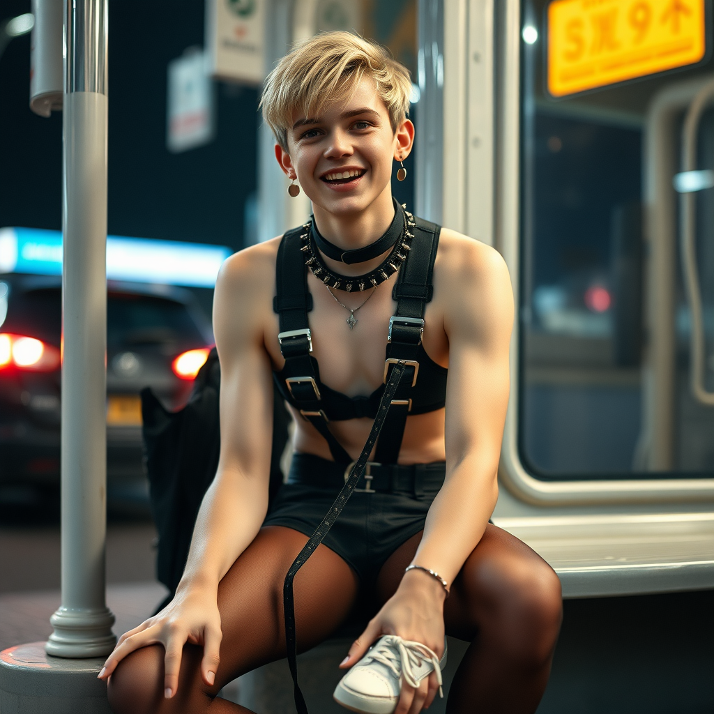 photorealistic, ultra high resolution, 16K, surreal fantasy, studio lighting, a pretty 16 year old goth boy, slim male physique, short blonde hair, goth makeup, earrings, pantyhose, harness, spikey dog collar and leash, trainer-bra, white ballet shoes, sitting at the bus stop, excited smile, facing the camera.