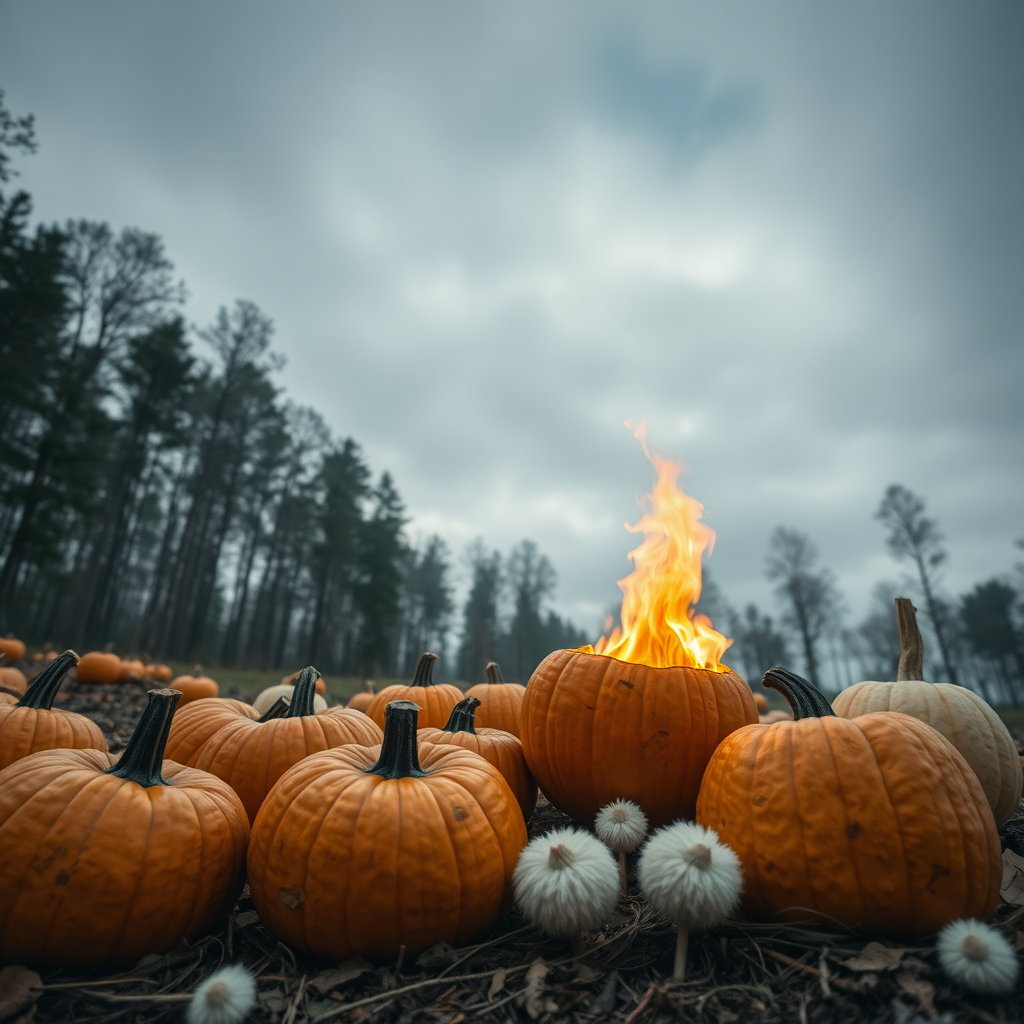 Grey sky afternoon in the autumn. Several Pumpkins in the forest on the ground. They are empty and open to one side where flames come out from the fire burning in all of them. Strange white pompoms are on the ground too. Camera from above, high definition Photography.