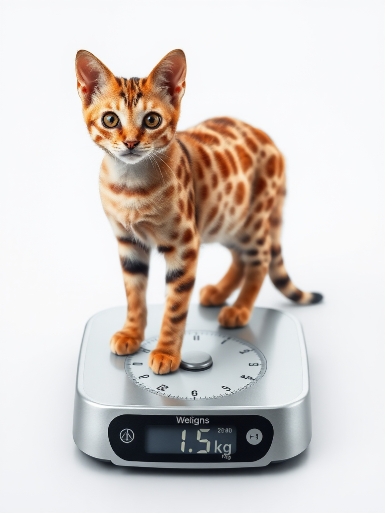 Create a hyper-realistic image of a Rusty-Spotted Cat standing on a weighing scale. The scale should clearly display the weight as 1.5 kilograms. Ensure the cat’s distinctive rust-colored spots are visible and the scale is shown with accurate details, emphasizing the cat's small size and unique markings.