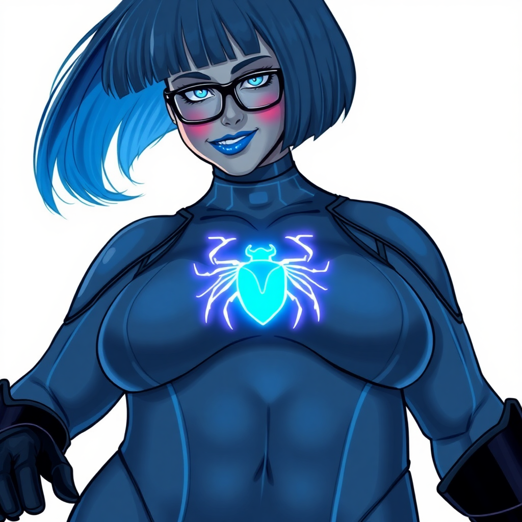 A 28-year-old, full-figured, middle gray metal skinned computer program-human hybrid with a maximum blue bob cut. She is the digital sidekick, computer hacker, and nerdy girlfriend of her cyberpunk vigilante boyfriend. Her middle gray metallic skin, distinct from any other character, highlights her digital nature. She wears maximum blue lipstick and has bright blue eyes. Her outfit includes an oversized digital maximum blue bodysuit with a neon blue glowing chest icon of a beetle and black gloves. Black eyeglasses accentuate her nerdiness, and she has a lovestruck smile with neon red blush. Her non-athletic full figure consists of a prominent, gargantuan, round midsection (with the full emphasis on her gargantuan belly), gigantic limbs, and broad shoulders, reflects the doting care of her vigilante boyfriend. The background is solid white. She is drawn as if she was in a retro 2D cyberpunk fighting game. Ensure her bodysuit covers all her bare skin (especially her round gargantuan belly). Her oversized bodysuit is influenced by DC's superheroine Jennifer Knight Phantom Lady but remains distinct.