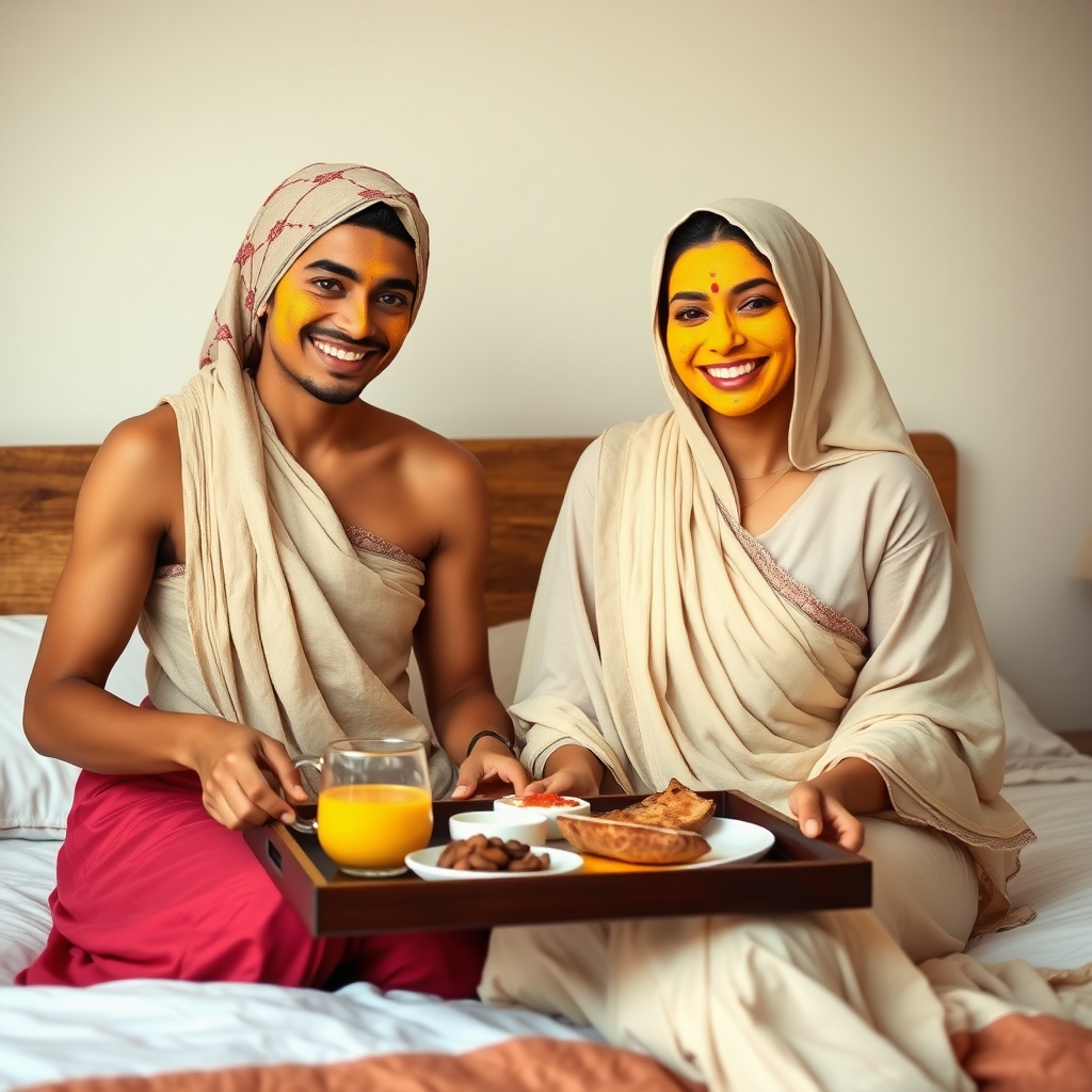 slim, 30 year old, sexy, 2 indian wives, scarf head, turmeric face mask. They are smiling and serving breakfast on a tray on bedside table