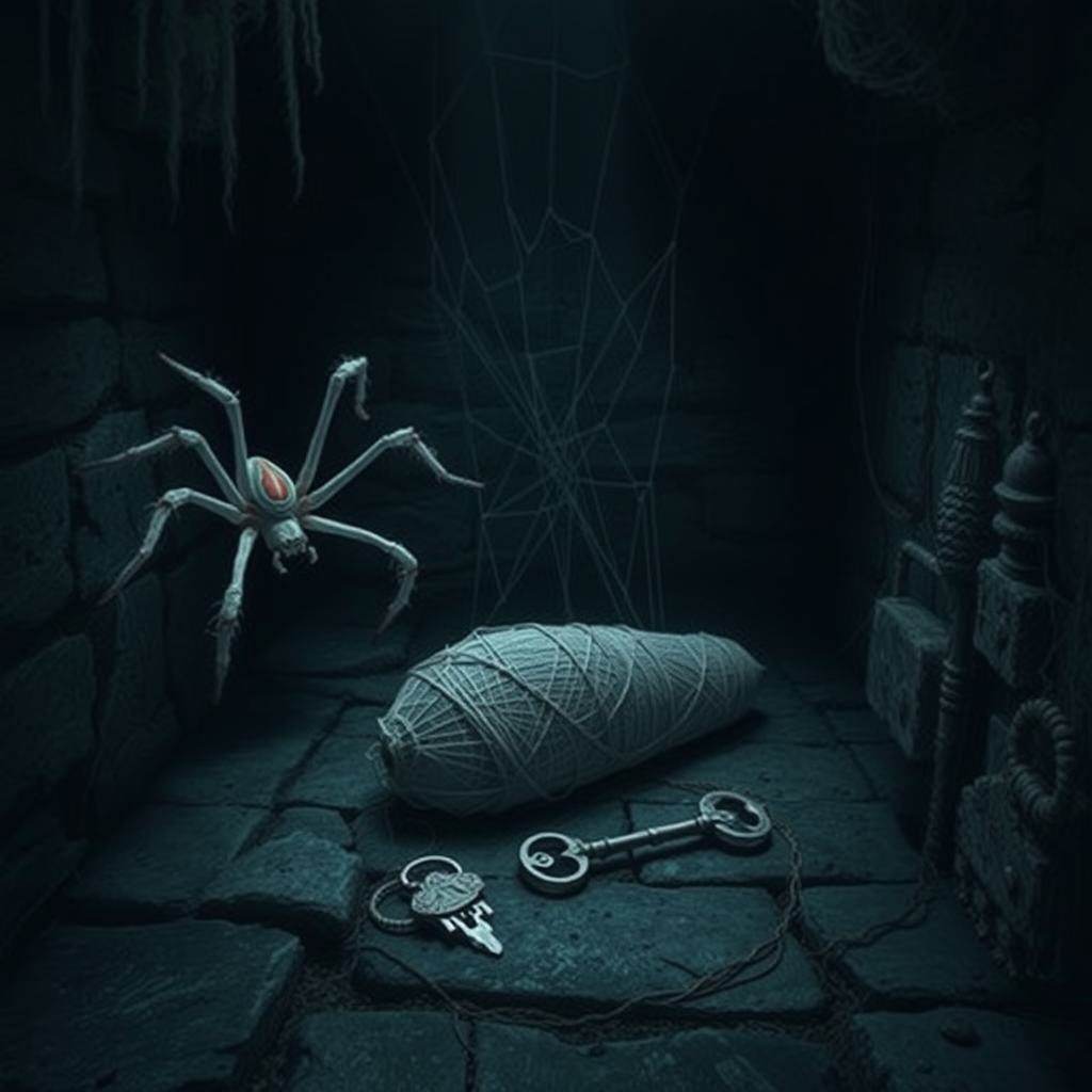 A dark basement medieval cellar with two large white spiders with red highlights crawling around and a long cocooned body webbed in the center of the floor with a silver key sitting beside the cocoon. There are spider webs on the walls.