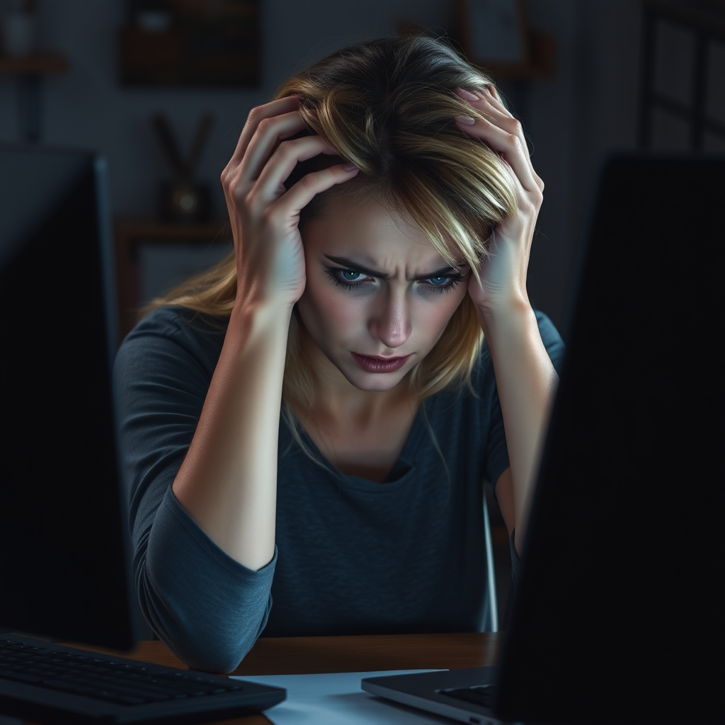 Create a detailed photo realistic scene of a desperate young nice blonde girl sitting in front of a computer. Her posture should reflect frustration, with her hands either on her face or gripping her head. Her surroundings are a typical home or office workspace, with dim lighting adding to the tense and stressful mood. The computer screen could show error messages, glitches, or something causing her distress. The woman’s expression should be a mix of anxiety, exhaustion, and very despair and sad and angry with subtle attention to facial details like furrowed brows or clenched jaws.