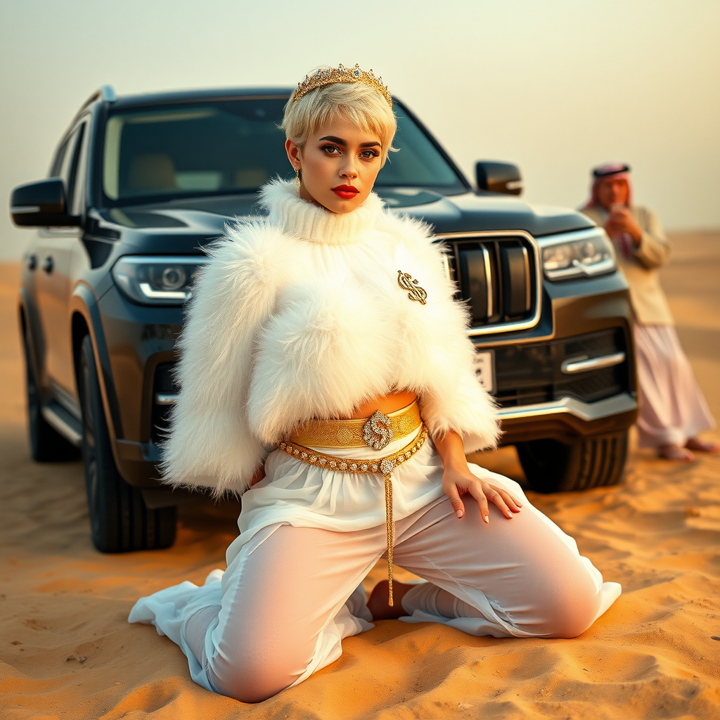 Kuwait desert dunes misty dawn, full size luxury SUV: Melissa, European 17 years old very convincing femboy “trophy-bimbo”, tamed servile docile, very beautiful feminine flawless face, rather short, by hormones very curvaceous womanly figured, platinum blond short tight curls, bold red lips, heavily made-up face, wearing Supertanya-style fluffy very fuzzy bright white angora turtleneck-poncho cropped ending under bust decorated with pearls and gemstones, striking oriental wide gold bridal protection belt, white fully transparent harem pants, full Oriental bridal jewelry with striking headpiece, full Oriental face-jewelry, striking diamond “$$$” letter brooch on left chest, pout frustrated, hands tied behind back, kneeling in sand in front of SUV, looking at camera. Focus on face and turtleneck-poncho. Standing behind leaning against SUV: older overweight mighty sheik laughing taking pictures with mobile phone.