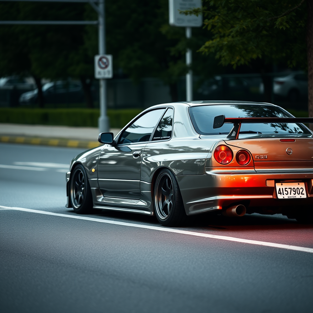 the car is parked on the side of the road, inspired by Taiyō Matsumoto, tumblr, restomod, nd4, c4 metallic shine nissan skyline r34