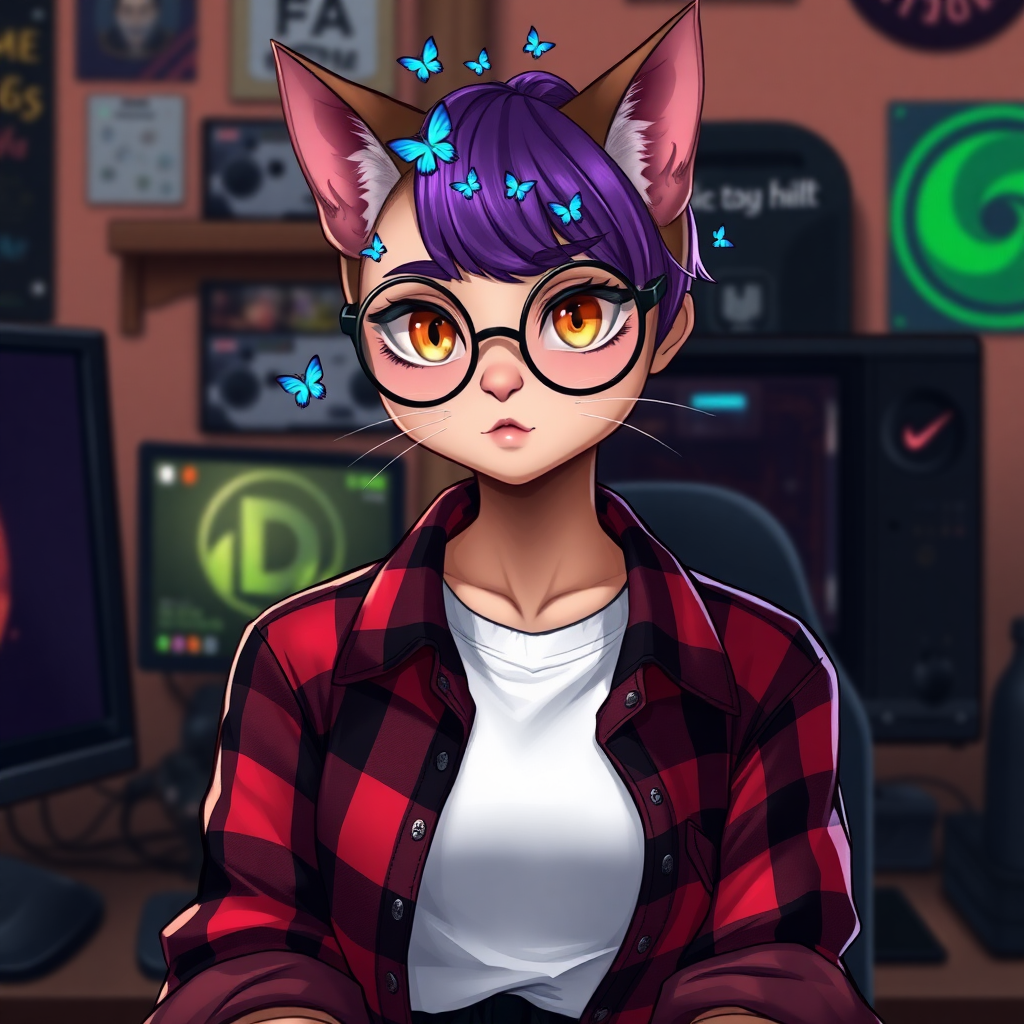 female cat-man with flat chest serious chestnut color with little blue butterflies on her head, with a purple UNDERCUT hairstyle, hazel eyes, wearing semi-round glasses, a red and black open plaid shirt over a white t-shirt, in front of a desk with a gaming PC, in digital art