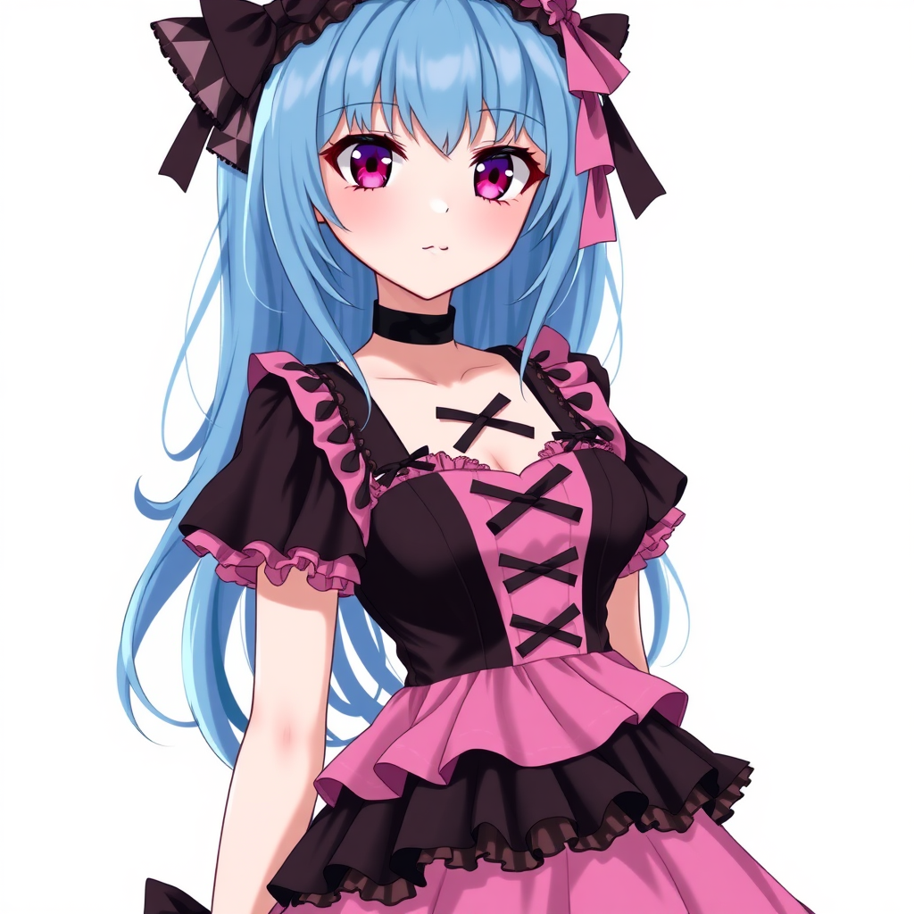 Anime girl with blue hair and magenta eyes that is wearing a pink-black gothic lolita dress. She has big boobs, a small waist and wide hips.