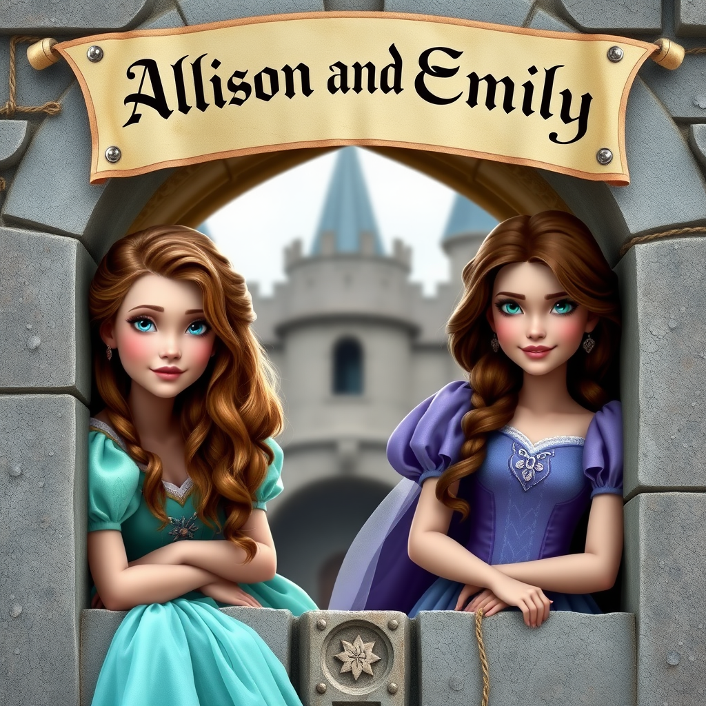 Two photo realistic princesses, one with light brown hair, blue eyes and aqua colored dress and the other with brunette hair, blue eyes and purple dress peeking out the window of a castle with a medieval banner overhead saying "Allison and Emily"