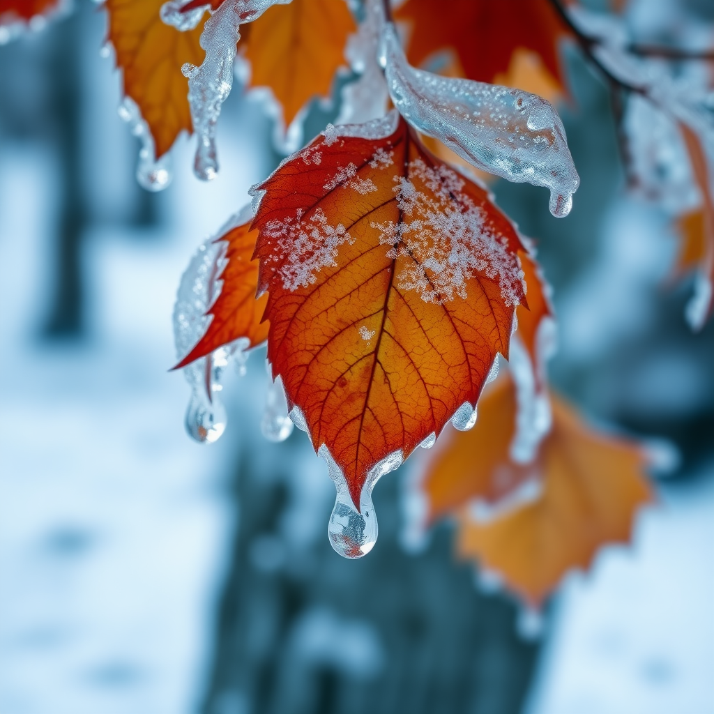 close-up of vibrant autumn leaves encased in glistening ice, delicate droplets hanging from the edges, set against a soft, snowy background with blurred tree trunks. the scene captures a tranquil winter landscape with a cool color palette of blues, whites, and warm amber tones of the leaves. the light softly reflects off the ice, creating a serene, hyperrealistic aesthetic that emphasizes the intricate details of the leaf veins and crystalline structures.