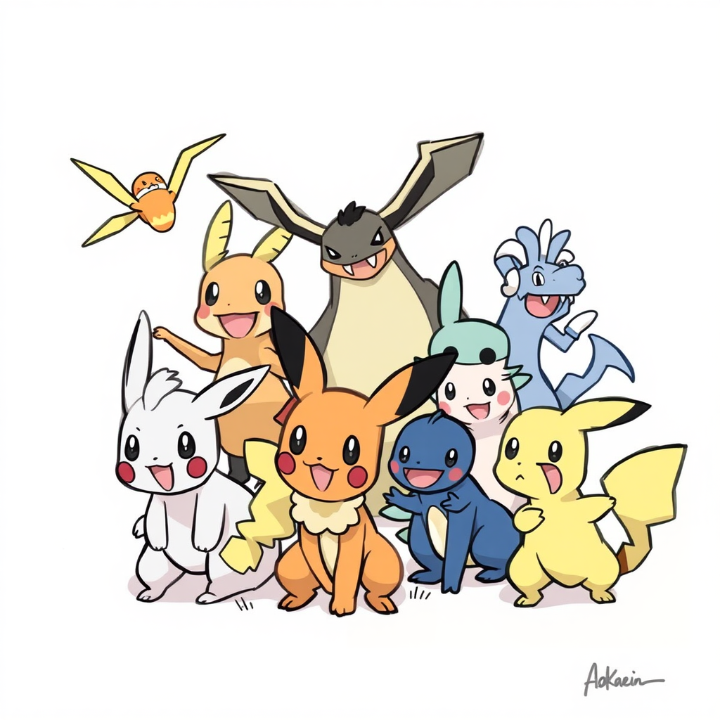 Draw a bunch of Pokemon having fun