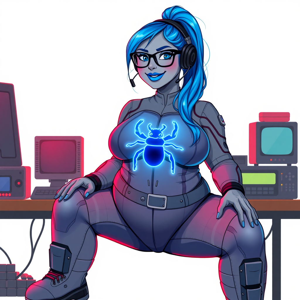 A nerdy, full-figured middle gray skinned 29-year-old computer program hybrid with a long, maximum blue ponytail. She wears maximum blue lipstick and has bright blue eyes. Her outfit includes a digital, computerized, middle gray biker suit featuring a neon blue glowing beetle chest icon. She sports a sapphire headset and black eyeglasses, with a lovestruck smile and neon red blush. Her full figure reflects the doting care of her vigilante boyfriend. As his tech expert, she works diligently at her lab table in their hideout. The background is solid white. She has a prominent, gargantuan, round midsection, titanic limbs, and broad shoulders. Her middle gray metallic skin highlights her digital nature. She is drawn as if she was in a retro 2D cyberpunk fighting game.