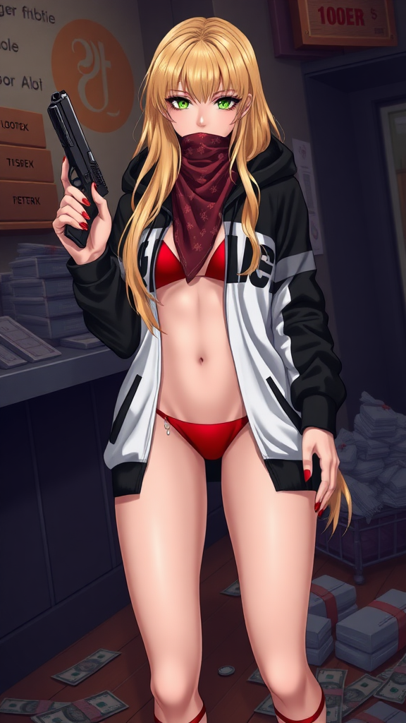 Anime, a sexy seductive long-blond hair, green-eyes with makeup eyelashes, wearing a black-white-dark swagger hoodie under a red-bikini and red-gstring thong, red-nails, holding glock-gun in left-hand, bags of cash on floor stolen, bandanna over mouth, standing up