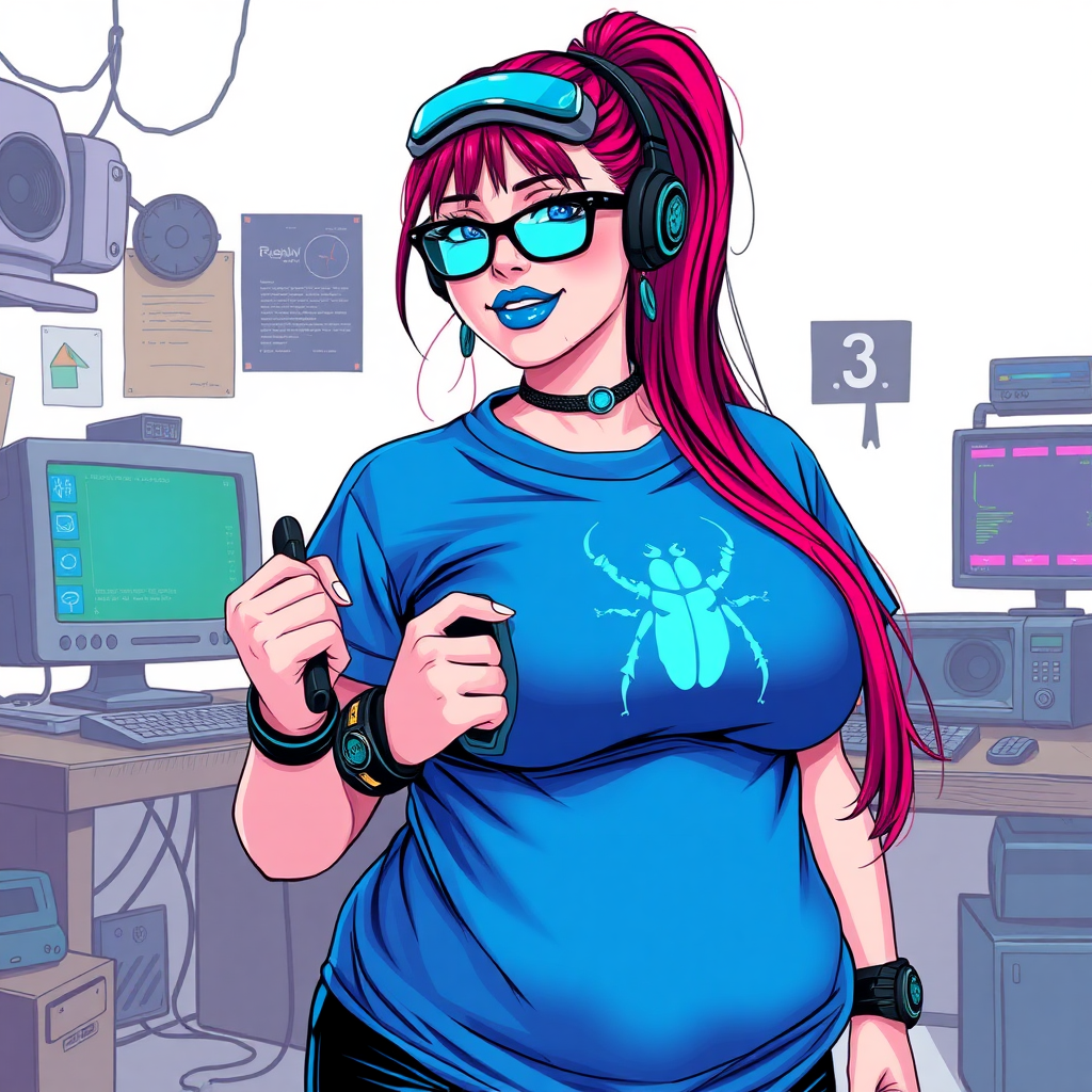 A cyberpunk vigilante’s full-figured intelligent and tech-savvy 29-year-old girlfriend, who is a computer hacker and tech genius. She has a long ruby red ponytail streaked with sky blue. She wears maximum blue lipstick, blue eyes, a sapphire beetle gemstone necklace, sapphire earrings, black eyeglasses, a futuristic holographic wristwatch computer, and an oversized maximum blue t-shirt featuring a neon blue beetle chest emblem. She has a full-figured, well-rounded physique with a prominent, round midsection, reflecting her well-cared-for lifestyle. Her round midsection is broadened and bloated to emphasize her figure. She sports a sapphire headset with a high-tech maximum turquoise lensed HUD, and a shy smile with a neon red blush. She is holding a futuristic hi-tech wrench while standing in her workshop in front of her computer desk and work bench. The background is solid white. She is drawn as if she was in a retro 2D cyberpunk fighting game.