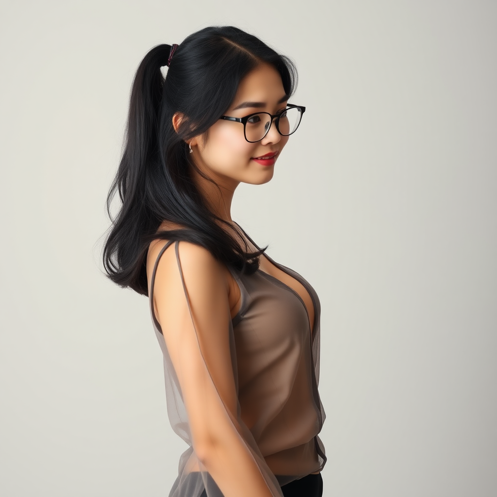 Help me generate a photo of a standing Chinese woman, a female teacher, with an elegant figure, sexy, wearing glasses, in a sheer outfit, with black stockings, around the age of twenty to thirty.