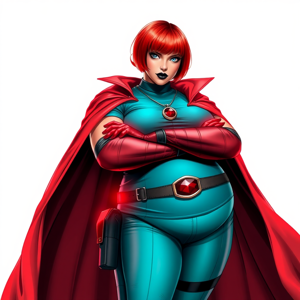 A 26-year-old, full-figured, mystical vigilante detective becomes the heavily pampered mystical ally of her cyberpunk vigilante older brother figure. She has a bright red bob cut, black lipstick, and piercing bright blue eyes. She has a new non-athletic build, now highlighted by a prominent, round, gargantuan midsection (fully focused on her gargantuan belly), which shows the aftermath of her new pampered lifestyle. Despite her pampered physique, she shows full confidence. She wears a biker suit consisting of a enormous, magical, tight-fitting, maximum turquoise t-shirt (accentuating and emphasizing her gargantuan belly) maximum turquoise biker pants, complemented by a glowing neon red cape, a mystical ruby amulet (which is the source of her mystical powers), and magical red gloves glowing neon red. Her stance is firm and resolute, arms crossed, exuding a no-nonsense attitude. Her costume reflects the influence of DC New 52 Prime Earth’s Phantom Lady, Jennifer Knight, while her pose embodies the moral ambiguity and determination reminiscent of DC’s Pax Americana’s The Question. She is on a solid white background. She is drawn as if she was in a retro 2D cyberpunk fighting game. She is clearly non-athletic, with a focus on her full-figured physique (especially her gargantuan belly). Make sure that her t-shirt covers all of her bare skin (especially her gargantuan midsection).