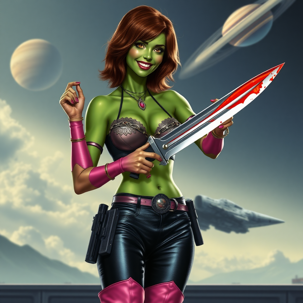 Tall, beautiful green skinned woman. Her brown hair is in a shag-cut style. Her eyes are gold. She is dressed in an ornate metal bra. She is wearing black leather pants, with pink knee high boots. She is holding a large, bloody dagger in a threatening manner. She is smiling. A sci-fi looking gun is holstered at her hip. She is at a sci-fi space-port. A spaceship is seen in the sky, a ringed planet behind it.