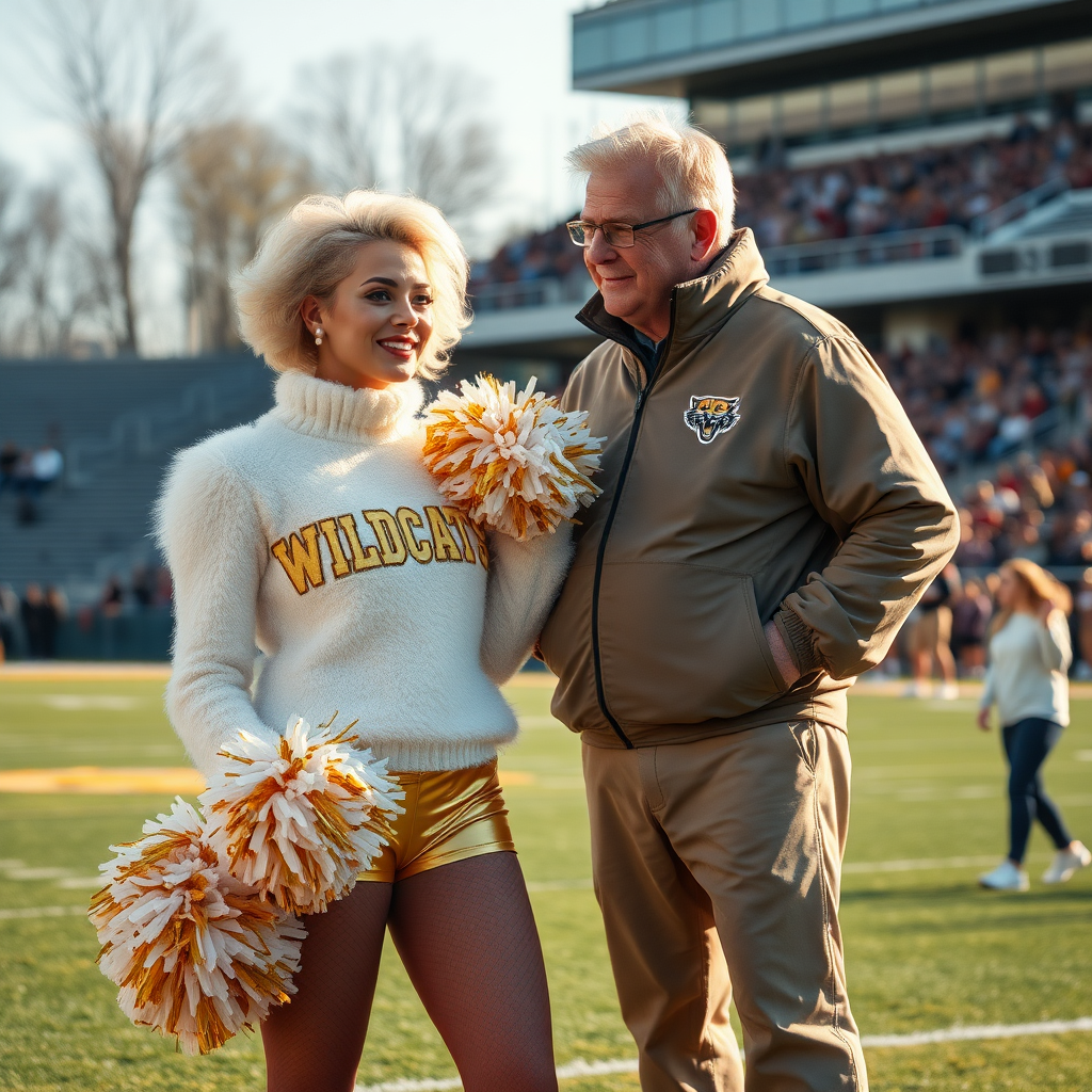 Sunny cold fall noon, college football stadium game, cheerleaders leader squat: Ana, European 17 years old very convincing femboy “QB’s trophy-bimbo”, tamed servile docile, very beautiful feminine flawless face, rather short boyish figure, platinum blond short tight curls, bold red lips, heavily made-up face, fluffy very fuzzy bright white plushy hazy thick angora turtleneck-sweater with “gold “WILDCATS” letters, vinyl gold short shorts, mesh pantyhose, white vinyl thigh-high boots with golden heels, large gold-white pompoms, pearl earrings, standing, shoulders slightly arched back, presenting her assets, talking with Hank: older tall overweight male visitor’s coach, wearing college football coach outfit, triumphant smile, nimbly patting Ana.