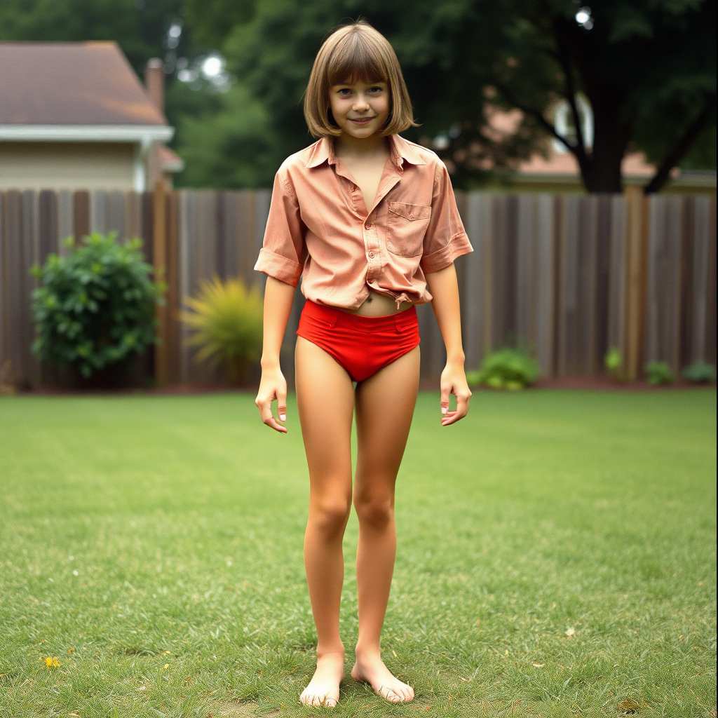 tall 14yo teen boy, long hair bob cut, wearing shirt and very tight booty shorts, long legs, narrow thighs, full-length front view. 1970s. Playing at backyard. photorealistic, ultra high resolution, 16K, Negative: grainy, blurry, bad anatomy, extra limbs, watermark.