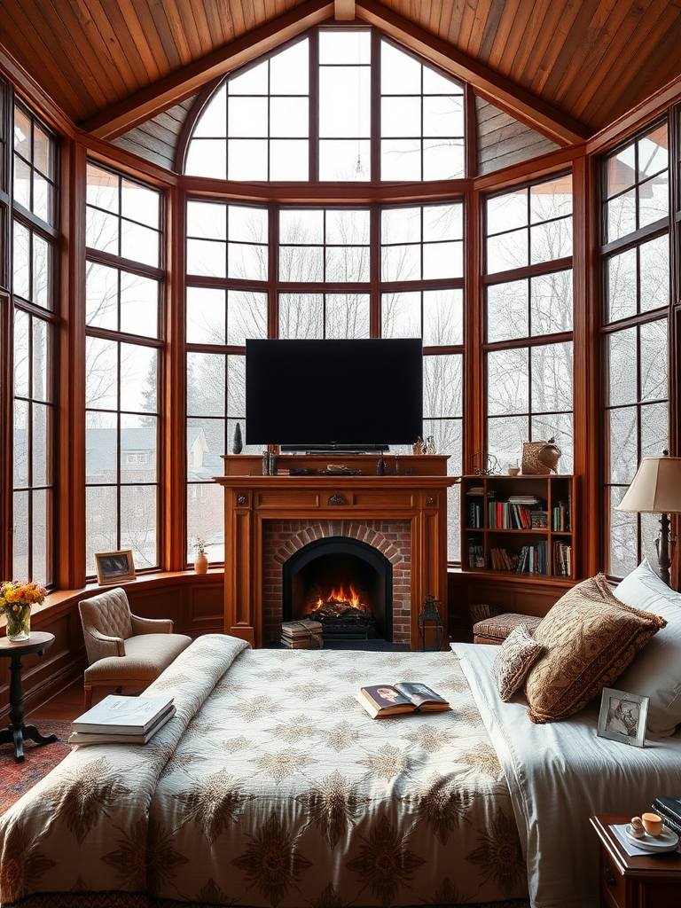 Large windows, large bed, old-fashioned television, fireplace, books, flowers, real, reality.