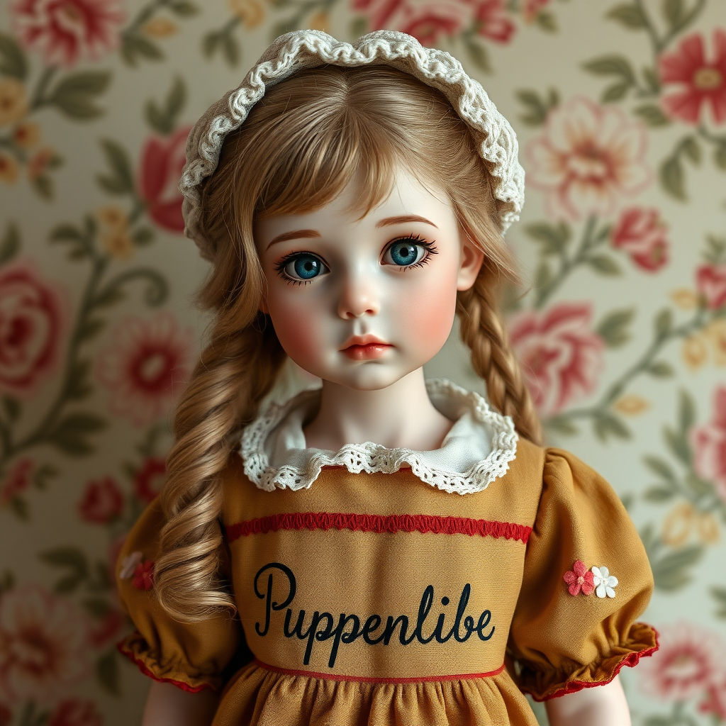 ooak art doll, artist doll, realistic doll, life-like porcelain doll, young preteen girl, unique personality, bisque doll, floral wallpaper, text "Puppenliebe" on dress