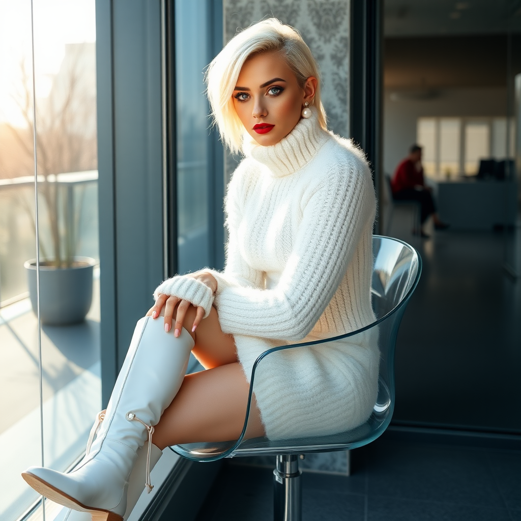 Sunny spring morning, modern glass-steel-concrete office, sitting on glass chair at wall, waiting for the master: Ana, European 17 years old very convincing femboy “trophy-bimbo”, tamed servile docile, very beautiful feminine flawless face, rather short boyish figure, platinum blond short tight curls, bold red lips, heavily made-up face, long French nails, wearing Supertanya-style chunky fluffy very fuzzy bright white plushy mohair figure-hugging turtleneck-knitdress with white pearl decoration, white vinyl thigh-high boots with golden heels, pearl earrings, serious, leaning forward presenting her assets, arrogantly looking at camera.