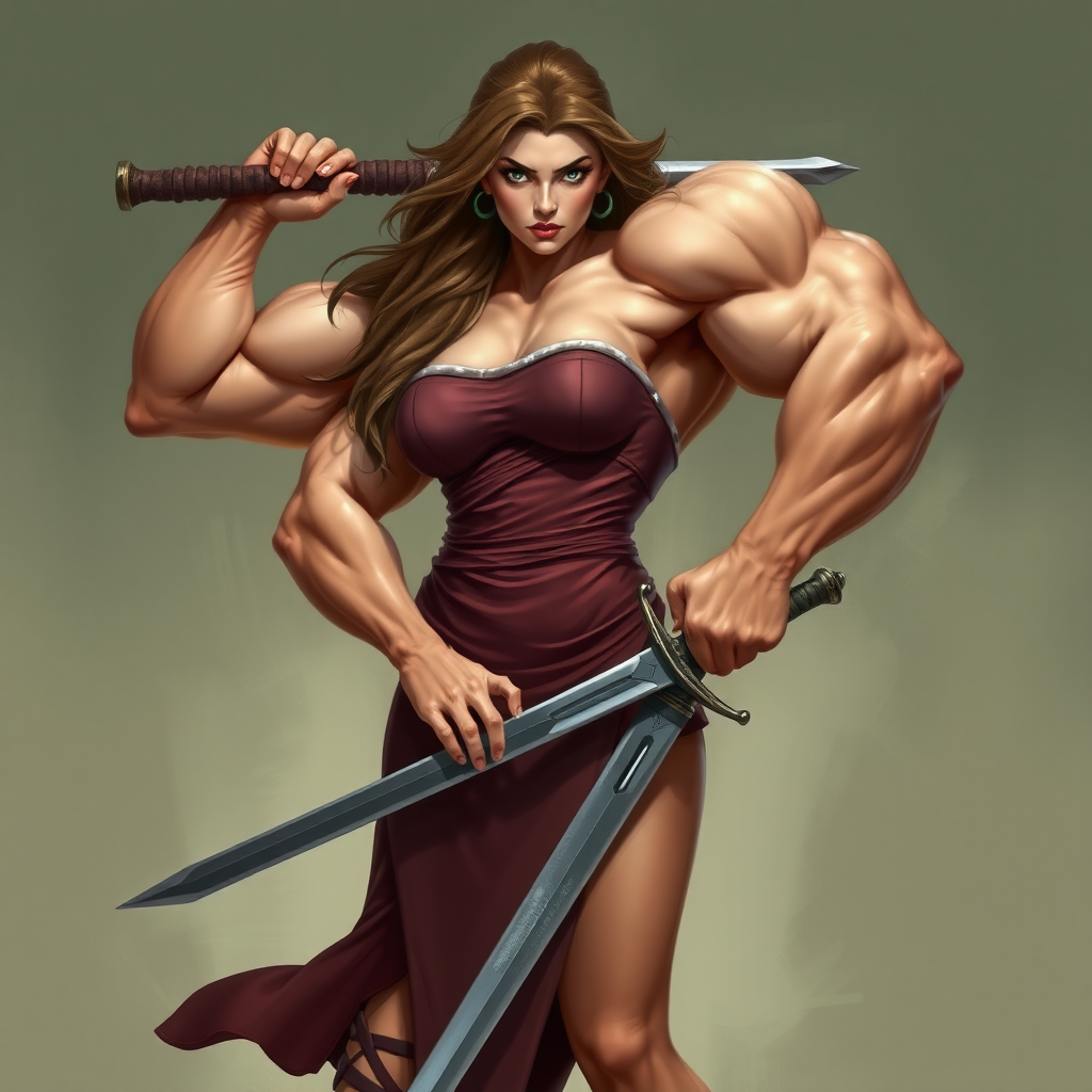 strong massive huge muscular bodybuilder girl, strapless dress, sword