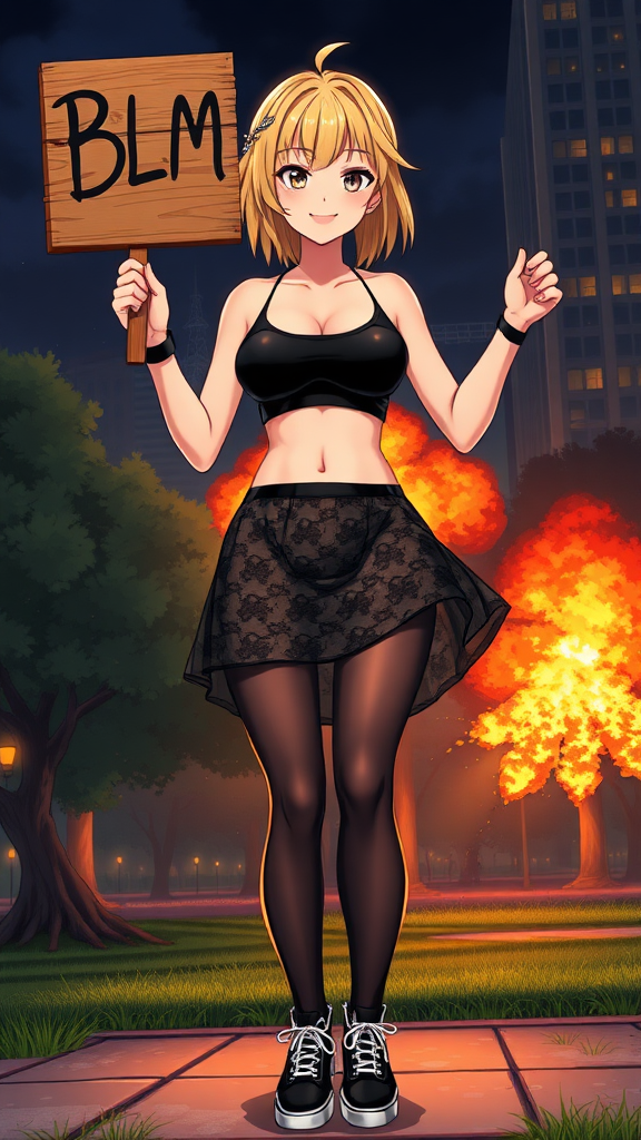 Anime art of a woman, medium blonde hair, a black, sleeveless crop top that reveals the woman's black bra and a high-waisted, wicked smile, large breast, patterned transparent mini skirt that showcases a mix of black and white colors. She is also wearing black sheer tights and black sneakers with white laces, holding a wooden sign in 2 hands which says "BLM" in air. Park and 1 building on fire at night from riots background, explosion ripping off her skirt showing her black-laced underwear underneath it all.