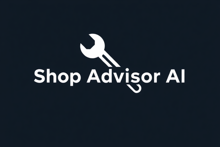 A logo for shop repair software called "Shop Advisor AI," with a wrench or pneumatic gun element incorporated.