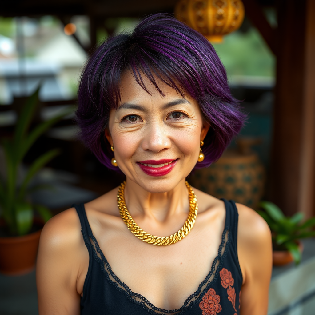 A absolutely sexy rich 50 Year old Thai Women with violet short Hair and a fine Gold chain.