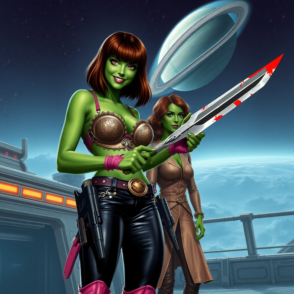 Tall, beautiful green skinned woman. Her brown hair is in a shag-cut style. Her eyes are gold. She is dressed in an ornate metal bra. She is wearing black leather pants, with pink knee high boots. She is holding a large, bloody dagger in a threatening manner. She is smiling. A sci-fi looking gun is holstered at her hip. She is at a sci-fi space-port. An older, beautiful green skinned woman with brown hair, dressed in a similar outfit, is standing with her. A spaceship is seen in the sky, a ringed planet behind it.