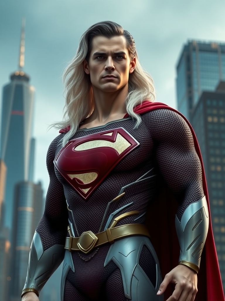 Generate a full-length image of Superman, but with the body attributes of Emma Frost from the X-Men. The character should largely maintain the iconic costume of Superman, but creatively incorporate embellishments and elements from Emma Frost’s characteristic attire that complement his look. Place this hybrid character in a background setting that is fitting for both Superman's Metropolis and Emma Frost's typical environments.