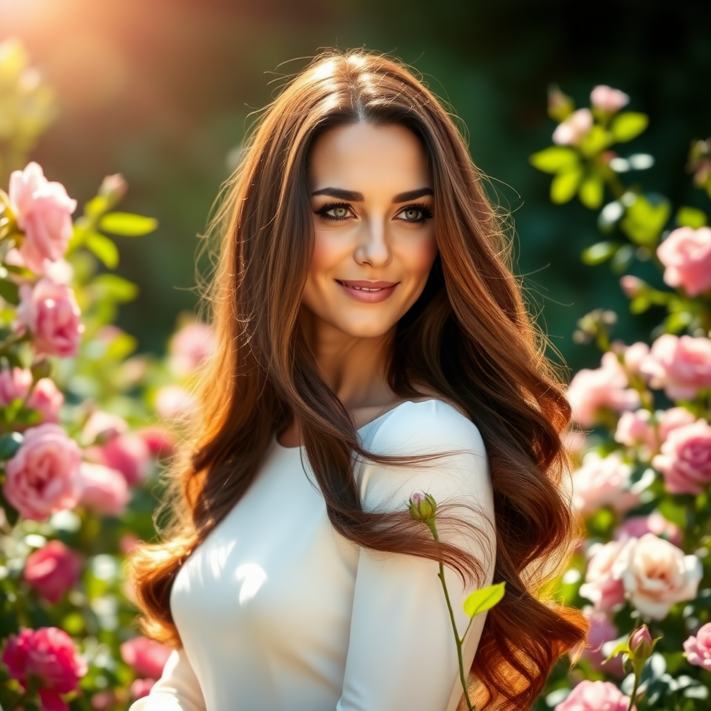 In a sun-drenched, ethereal setting, Catherine, the Duchess of Cambridge, gracefully stands amidst a lush garden, her long, flowing dark hair cascading like a waterfall of silk over her shoulders. The sunlight glints off her hair, creating a halo effect that highlights her serene beauty. She exudes an air of confident elegance, as delicate flowers bloom vibrantly around her, their colors rich and varied—from soft pinks to deep purples—contrasting beautifully with her fair complexion. The gentle breeze carries the sweet fragrance of blooming roses, while the soft rustle of leaves adds a tranquil melody to the scene. Her expression is one of peaceful poise, embodying a sense of freedom and natural grace, as her hair artfully veils her form, creating an intimate yet tasteful moment.