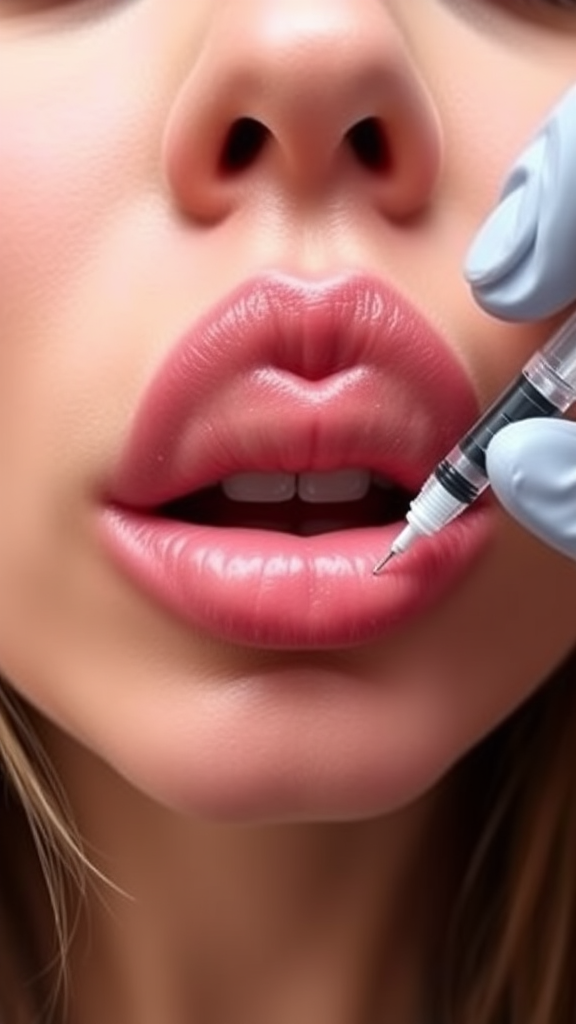 petite asian with juvederm lip fillers injected into her lips. Her lips are puffy, swollen, discolored, very large, engorged. A nurse is injecting filler into her lips with a syringe.