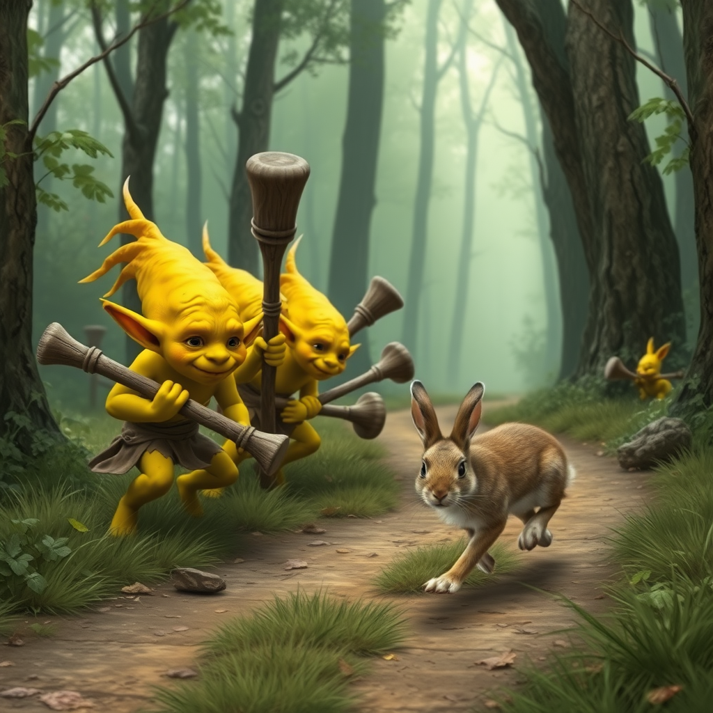 A realistic picture of several yellow goblins with wooden clubs looking at and chasing after a fleeing bunny along a forest path