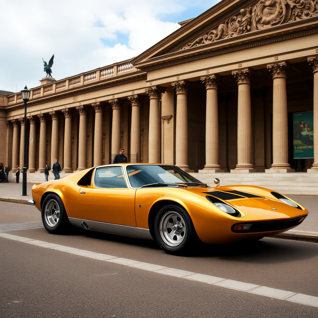 Lamborghini Miura in golden colour, parked in front of the British museum