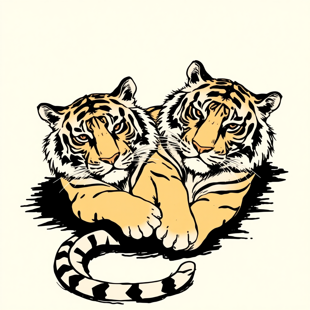 two tigers lying down but awake drawn in a stylized muay thai style with a small number of simple ink strokes and only using one colour