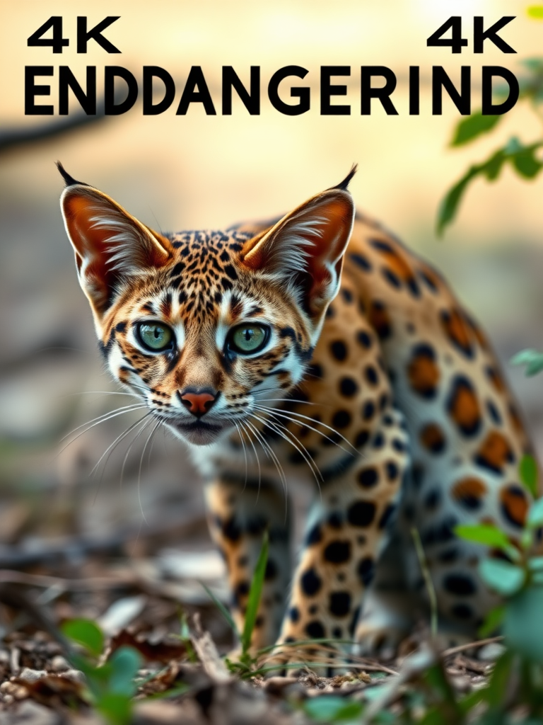 Realistic 4K image of a Rusty Spotted Cat, with its distinctive spotted coat, in a setting that highlights its endangered status due to hunting. The cat is shown in high detail, emphasizing its beautiful fur and features. The background includes subtle elements suggesting the impact of hunting, such as signs of human activity or a disturbed environment. The scene should convey the urgency of conservation efforts while showcasing the cat’s natural beauty and vulnerability.