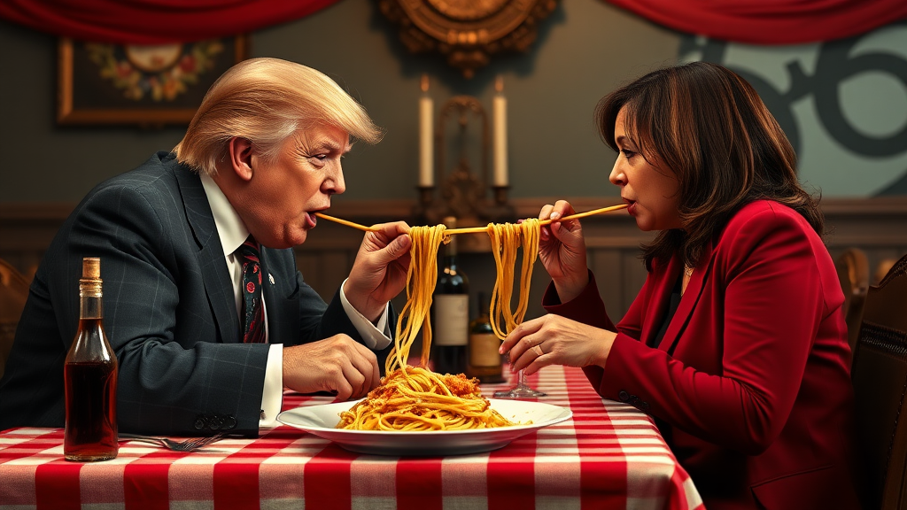 Photoreal style. ratio: 16:9. Donald Trump and Kamala Harris eating in an Italian restaurant a la the one in 'Lady and the Tramp.' Checkered tablecloth, Chianti bottle used as a candle holder. Both humans are eating spaghetti from one shared plate with their hands, and end up eating the same long piece of spaghetti, making their heads meet.