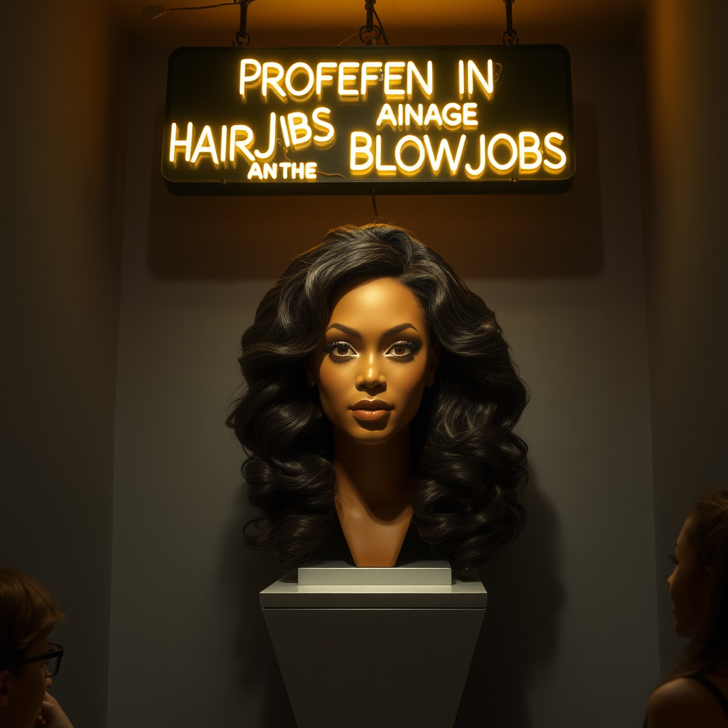 In a dimly lit corner of an unconventional long hair fetish store, an astonishing sight awaits—the real, live, flesh and blood disembodied head of Beyoncé, her luxurious, cascading waves of hair glistening under the soft overhead lights. The striking contrast of her rich, dark locks against her flawless, sun-kissed complexion creates a mesmerizing visual. Resting atop an elegantly designed pedestal, the head appears almost otherworldly, with bright, expressive eyes that convey an engaging mixture of charm and mischief.

The plain gray background enhances the surreal atmosphere, offering a stark canvas that emphasizes the vivid details of her captivating visage. A whimsical, neon sign in bold letters hangs just above, proclaiming "Proficient in Hairjobs and Blowjobs," adding a playful yet provocative element to the scene. The air is scented with subtle notes of jasmine and vanilla, creating an enticing ambiance that also hints at the allure of the unusual subject on display.

Nearby, curious patrons peer closer, their expressions a blend of fascination and disbelief, as they engage in hushed conversations about the unique offering. The atmosphere buzzes with excitement, an exhilarating energy stemming from a mix of humor and the exotic, making this peculiar shop a truly unforgettable destination for those who dare to explore their fetishes.