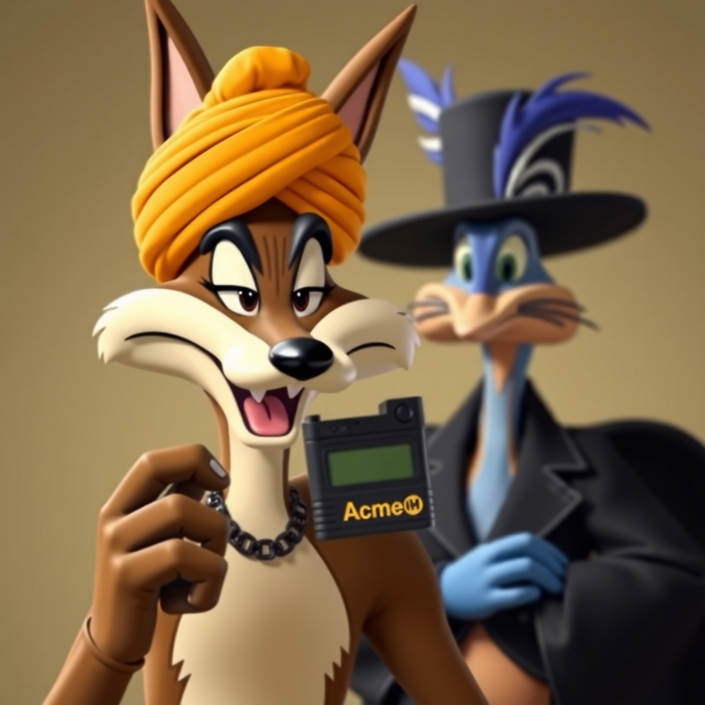 Wile E Coyote, wearing a turban, holding a black 1980's beeper that is branded Acme. Roadrunner in the background dressed in black like a hassidic jew.