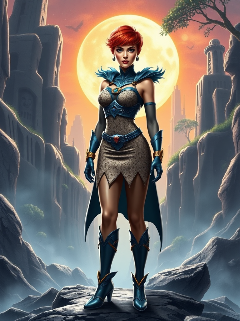 Detailed full-length rendered image of Nightwing character using the female figure, build, and proportions of Wilma Flintstone, but preserve Nightwing's head, hairstyle and facial features intact. Incorporate elements from Wilma Flintstone's costume including her iconic stone dress, jewelry, and foot coverings. Modify Nightwing's costume to complement the new body shape and size, adding decorative accents and patterns reminiscent of the Flintstones era. Create a dynamic background blending sci-fi cityscapes with prehistoric stone and foliage, capturing the fusion of the two distinct aesthetics.