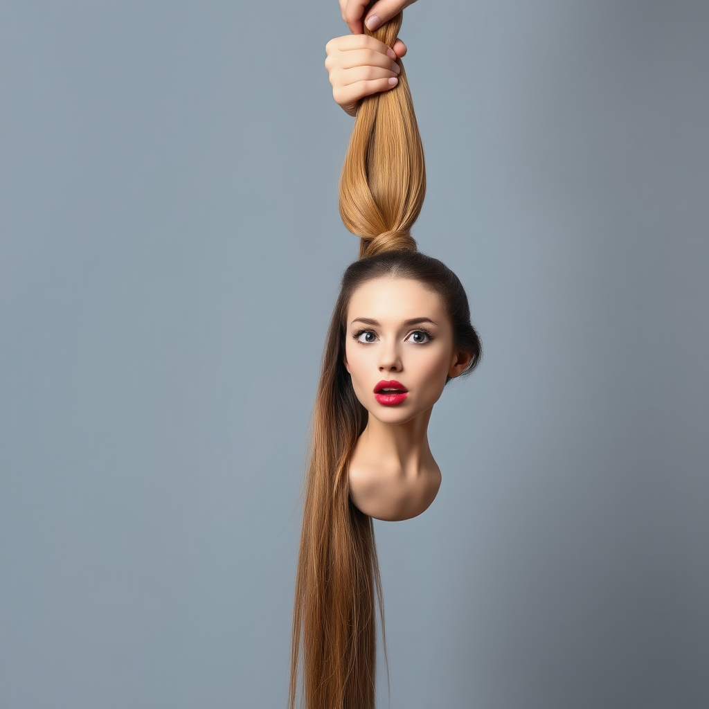 Surreal image of a very long haired woman's beautiful disembodied head hanging by her very long hair. Her very long hair is gathered at the top of her head into a long ponytail that stretches upward into a grasped hand. Plain gray background. She has an aroused expression on her face while biting her lip.