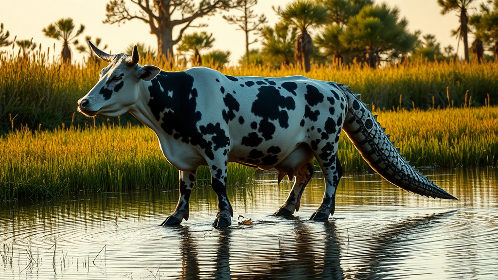 Here's the updated prompt for FLUX.1 art generator, incorporating alligator legs:

A full-length image of a surreal hybrid: a cow-alligator fusion. The creature has a cow's head with horns and ears, seamlessly blending into an elongated, alligator-shaped body. The entire body, including the long powerful tail, is covered in cow hide with distinct black and white patches. Its legs are pure alligator: short, muscular, and scaly, ending in clawed feet. This bizarre beast stands in a swampy wetland, surrounded by tall grass and cypress trees. Golden hour sunlight bathes the scene, accentuating the contrast between the cow-patterned body and reptilian legs. Rippling water reflects its extraordinary silhouette. Style: Hyperrealistic award-winning wildlife photography, with sharp focus, vivid details, and masterful composition capturing this impossible creature in its natural habitat.