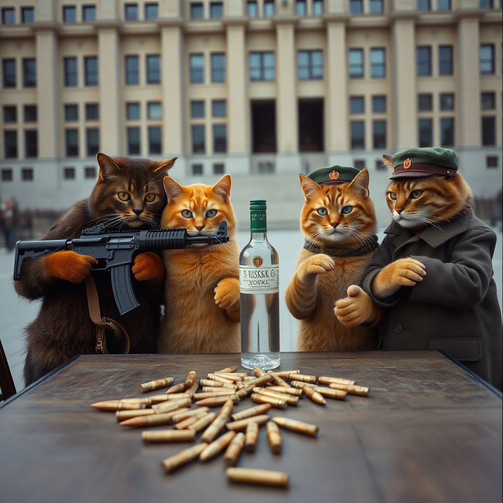 4 cat-men in a large square, a dark one holding an AK-47, an orange one with a Russian military cap, a dark brown and a light brown, USSR communist with vodka, around a table with bullet casings on it (film photo style)