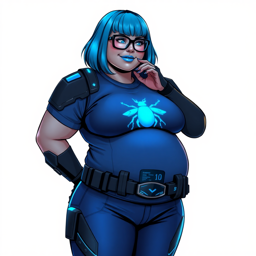 A 28-year-old, full-figured, metallic Middle Gray (N5) skinned, computer program hybrid with a maximum blue bob cut. She has a non-athletic, full-figured build, highlighted by a prominent, round, large midsection (with heavy emphasis on her large belly). As the full-figured, nerdy, digital sidekick to her cyberpunk vigilante boyfriend, her metallic middle gray (N5) skin and maximum blue lipstick emphasize her digital nature. She wears a digital, computerized costume inspired by DC’s Carrie Kelly Robin, consisting of a huge, tight-fitting, maximum blue t-shirt with a neon blue glowing beetle chest icon, hi-tech shoulder pads with neon blue glowing accents, a black hi-tech belt with a digital neon blue glowing buckle, digital maximum blue pants with neon blue accents, and black hi-tech gloves with neon blue glowing accents. Her bright blue eyes, black eyeglasses with neon blue glowing lenses with a built-in HUD, and shy smile with neon red blush accentuate her nerdiness. She stands bashfully with one hand behind her back and the other hand gently touching her cheek, her costume covering all her skin and emphasizing her full-figured physique (especially her belly). She is clearly non-athletic, with a heavy focus on her large belly. Despite her build, she radiates beauty. She has a slim face compared to her physique, accentuating her radiant beauty. She is on a solid white background. She is drawn as if she were in a retro 2D cyberpunk fighting game.